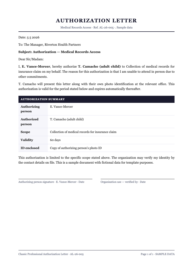 Classic professional authorization letter